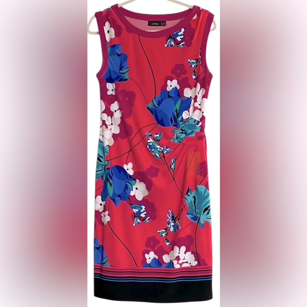 APT 9 Bright Pink/Royal Blue/White Floral Sleeveless Sheath Dress, Medium, GUC.